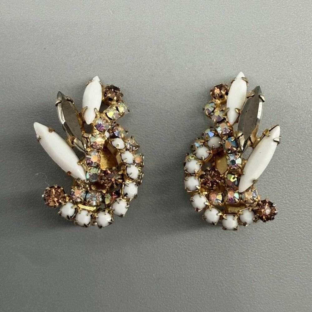 Vintage Juliana White Milk Glass & Aurora Borealis Crystal Gold Tone Earrings